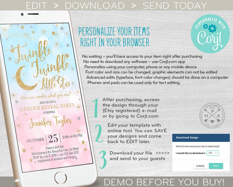 May include: A digital invitation for a gender reveal party with a blue and pink watercolor background. The invitation features a gold glitter moon and stars with the text "Twinkle Twinkle Little Star" and the words "Gender Reveal Party" in pink and gold. The invitation also includes the date, time, and location of the party.