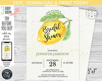 May include: A lemon-themed bridal shower invitation with a watercolor illustration of a lemon and green leaves. The invitation is 5" x 7" and features the text "Join us for a Bridal Shower" and the name "Jennifer Jameson". The date is September 28th and the time is 6-10 PM. The invitation also includes the address and RSVP information.