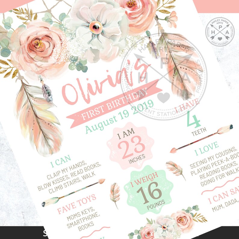 May include: A pink and green first birthday milestone poster with floral illustrations and feathers. The poster includes the name Olivia, the date August 19, 2019, and details about the child's age, height, weight, and milestones.