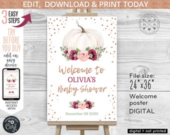 EDITABLE Pumpkin welcome sign baby shower party gold glitter confetti burgundy poster 24x36 guestbook board boho Editable template 084HPA 24