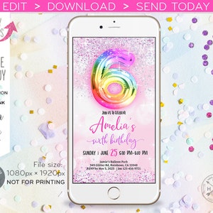 6th birthday electronic invitation sixth e-vite rainbow balloon confetti foil glitter holographic smartphone sms message. Editable E214 06 image 1