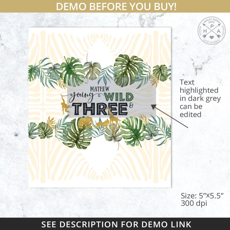 Jungle animals chocolate bar candy wrapper safari birthday third birthday party any age. Editable printable. Instant download. 040HPA 33 D image 3