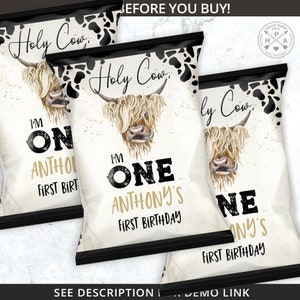 BUNDLE Holy cow I'm ONE highland cow chips bag wrapper, juice bag, water bottle label, cow boy party favors. Editable printables. 209HPA 44 image 8