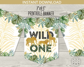 Jungle wild one banner first birthday printable safari 1st party decoration animals elephant. Instant download. Not editable. 040HPA 14 A