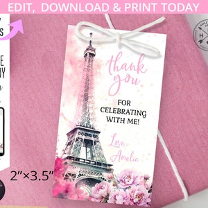 Torre Eiffel, obrigado, etiqueta francês paris ohh la la boho bonjour etiquetas de aniversário parisienses etiquetas 3,5x5 rosa. Editável para impressão. 236HPA 10A