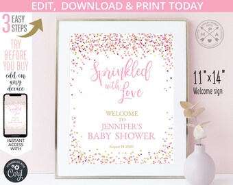 EDITABLE Sprinkled with love pink glitter confetti welcome sign baby shower party poster 11x14 guestbook board. Editable template. 038HPA 08
