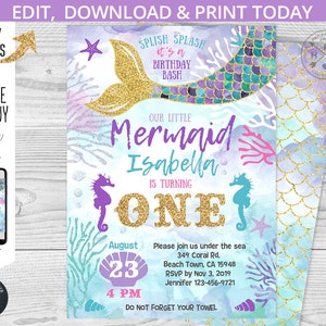 May include: A mermaid-themed first birthday party invitation with a gold glitter one, purple and blue mermaid scales, and a seahorse. The invitation says "Our Little Mermaid Isabella is turning One" and includes the date, time, and location of the party. It also says "Please join us under the sea" and "Do not forget your towel".