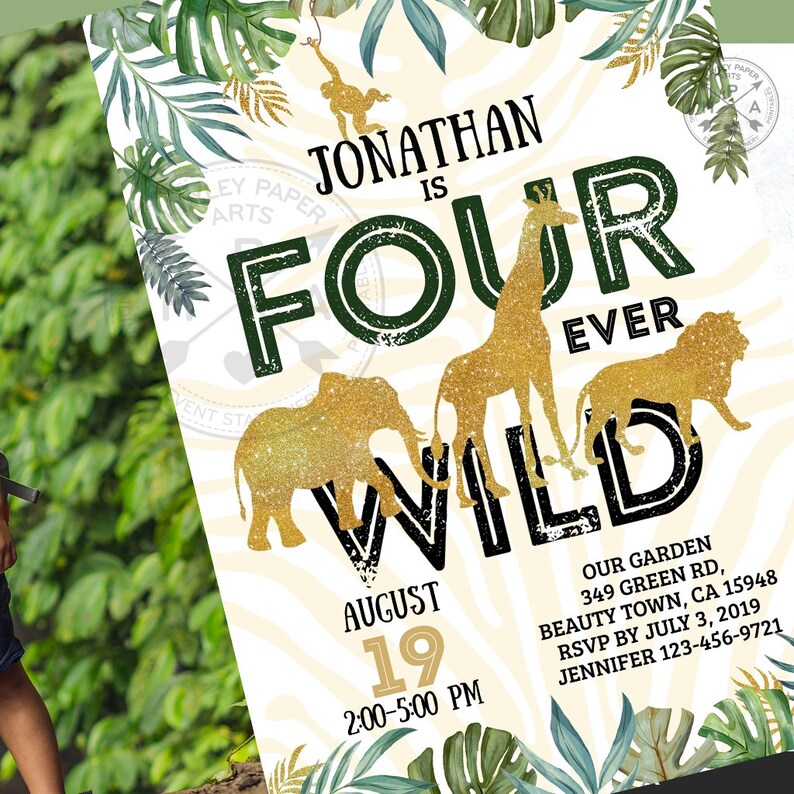 Jungle FOUR ever WILD gold birthday invitation safari photo boy fourth 4th party animals elephant. Printable template. Editable. 040HPA 22 image 5