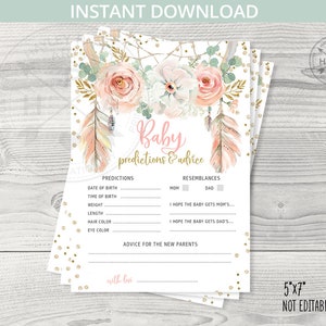 Carte de conseils de prédictions de bébé dreamcatcher boho shower. Fleurs roses, eucalyptus, plumes tribales. Téléchargement instantané. Non modifiable. 222HPA 09