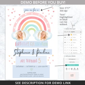 May include: A pastel rainbow birthday invitation with two photos of a young girl. The invitation includes the text "Birthday Celebration" and details for the party, including the date, time, and location. The invitation is 5"x7" in size.