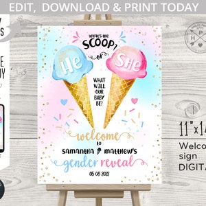 Ice cream what's the scoop he or she welcome sign gender reveal icecream girl or boy shower 11x14. Blue pink. Editable printable. 163HPA 14 image 1