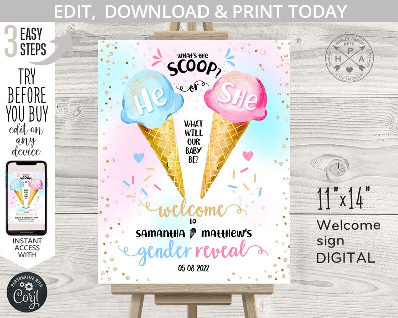 Ice cream what's the scoop he or she welcome sign gender reveal icecream girl or boy shower 11x14. Blue pink. Editable printable. 163HPA 14 image 1