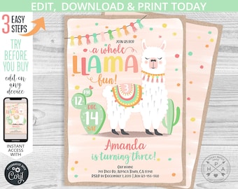 Llama birthday invitation whole llama fun invite cactus alpaca fiesta party girl pastel pink. Instant access to editable template. 071HPA 02