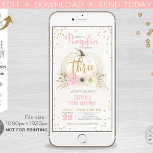 Little pumpkin electronic third birthday fall invitation blush pink smartphone e-vite, digital invite. Selfediting template. E083 03 083HPA