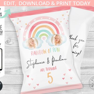 Rainbow twin girls chips bag, pink pastel clouds chip pouch, any age twins girl party snacks wrapper, editable printables. 182HPA 30 C