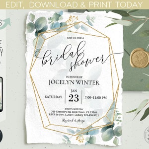 Greenery boho gold geometric bridal shower invitation eucalyptus olive bohemian invitations faux gold. Printable editable. 103HPA 01