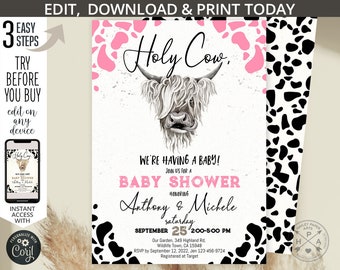 May include: A pink and black baby shower invitation with a cow illustration and the text "Holy Cow, We're having a baby!"  Join us for a baby shower honoring Anthony & Michele on September 25th from 2:00-5:00 PM.  Our Garden, 349 Highland Rd, Wildlife Town, CA 15948. RSVP by September 12, 2022, Jen 123-456-9724. Registered at Target.