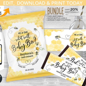 May include: A printable set of baby shower party favour labels featuring a bee and honeycomb design. The labels say "He or She What Will Baby Bee?" and include the text "Stephanie's Baby Shower" and "Thank You for Coming".