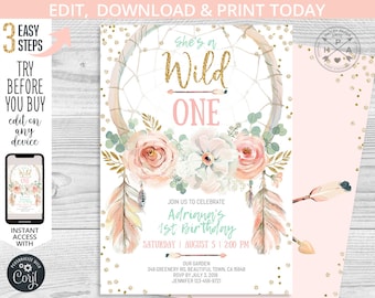 EDITABLE She's a wild one first birthday dreamcatcher blush pink gold boho girl party invitation. Instant access to the template. 122HPA 04