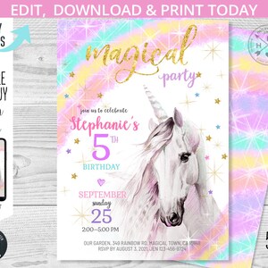 Einhorn Geburtstagseinladung magische lila rosa Regenbogen Pastell Mädchen Frauen Magie Party Einladungen einladen. Bearbeitbare druckbare Karte. 188HPA 03