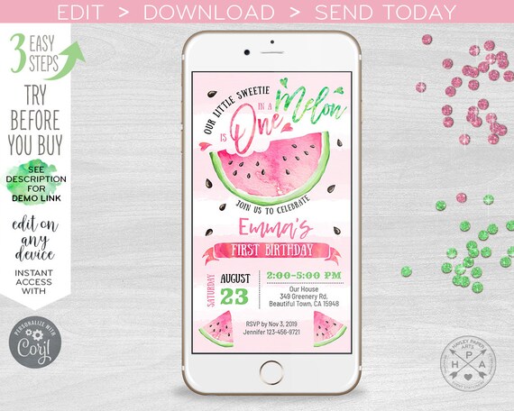 Summer Watermelon Watermelon Electronic Birthday Invitation Instant Access KBI146 Editable Invite Corjl Digital Smartphone Template