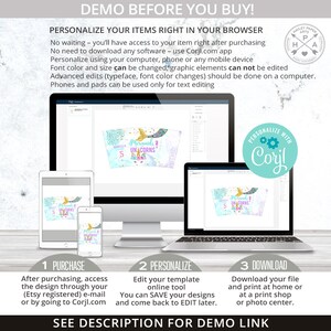 May include: A digital mockup of a printable cup wrapper design featuring a mermaid and unicorns. The design is customizable using the Corjl.com app. The text on the wrapper says "Mermaids & Unicorns".