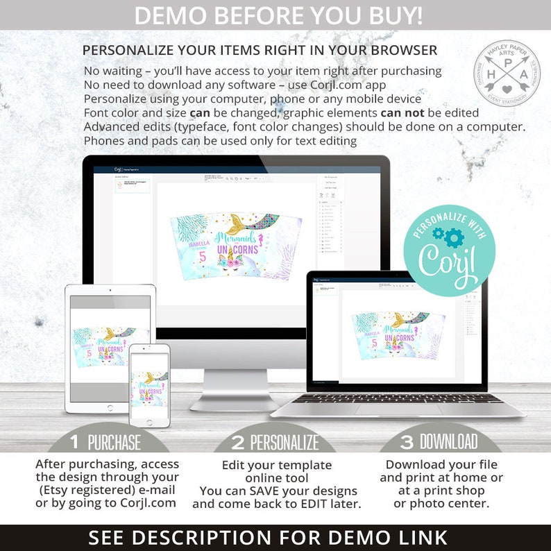 May include: A digital mockup of a printable cup wrapper design featuring a mermaid and unicorns. The design is customizable using the Corjl.com app. The text on the wrapper says "Mermaids & Unicorns".