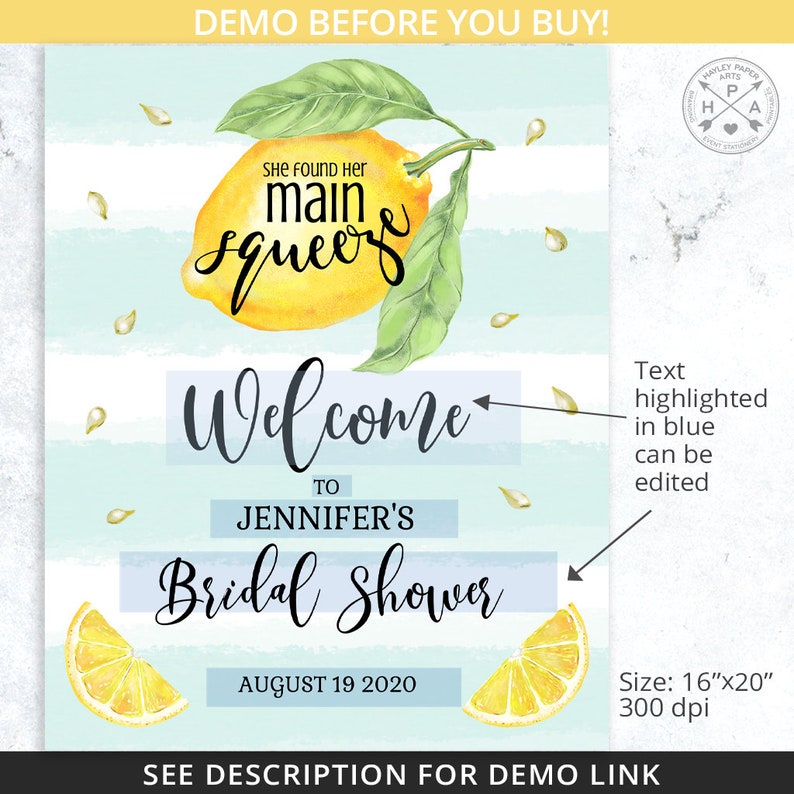 May include: A blue and white striped background with a lemon illustration and the text "She found her main squeeze" and "Welcome to Jennifer's Bridal Shower August 19 2020".