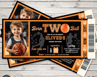 Born two ball Basketball 2nd birthday ticket invitation all stars boy TWO party ball games time rookie. Editable card design. 252HPA 01