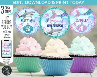 Mermaids and sharks cupcake toppers joint birthday 2x2 siblings any age birthday. Self editable. Instant access to the template. 062HPA 30 A