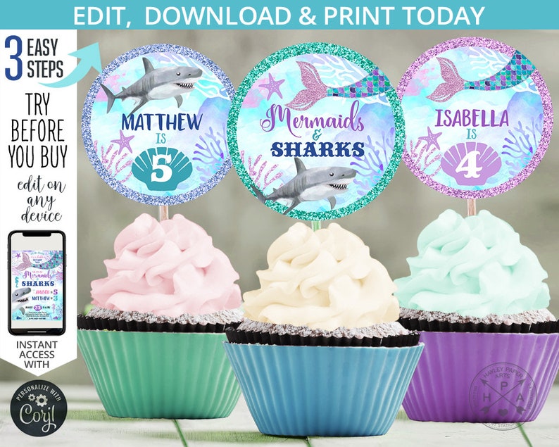 May include: Three cupcake toppers featuring a mermaid and shark theme. The toppers are round and have a glittery background. The text on the toppers reads "Mermaids & Sharks", "Matthew is 5", and "Isabella is 4".