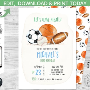 Convite de aniversário esportivo "Vamos ter uma bola", bolas, All Stars, convite para festa de menino, jogo de futebol, atividades para festa. Design de cartão editável. 204HPA 03