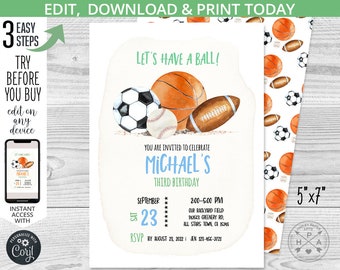 Let's have a ball sports birthday invitation balls all stars boy party invite soccer game activities party. Editable card design. 204HPA 03