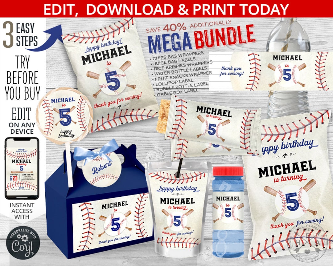 Baseball Birthday Party Pack, MEGA BUNDLE, Chips Bags, Juice, Krispies ...