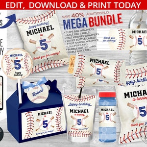 Baseball Geburtstags-Partypackung, MEGA BUNDLE, Chipstüten, Saft, Krispiesverpackungen, Snacks für Tags Etiketten. Bearbeitbare Druckdateien. 191HPA 63