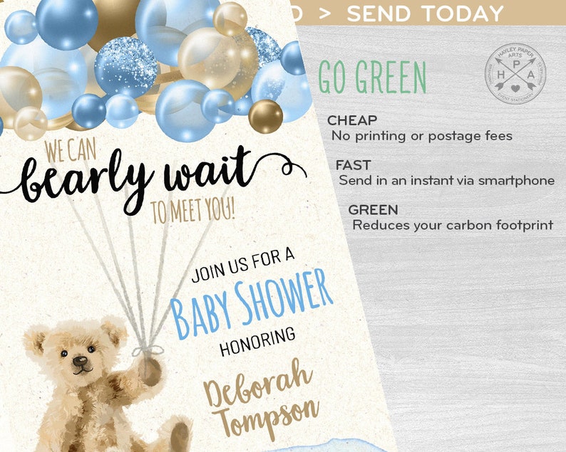 Bear Baby Shower Electronic Invitation Bearly Wait Balloons Etsy