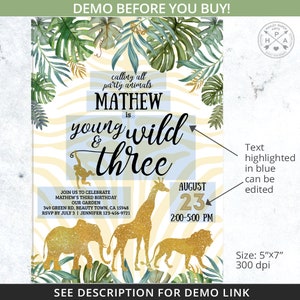 Jungle birthday invitation young wild three gold safari boy 3rd party animals elephant lion giraffe. Printable template. Editable. 040HPA 03 image 3