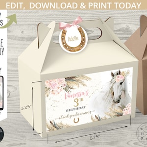 Pferde Geburtstag Giebel Geschenkbox Etiketten. Weißes Pferd Cowgirl Pony Kuh Boho Mädchen Griff Bevorzugung Takeway Label. Bearbeitbare Ausdrucke. 176HPA 20 A