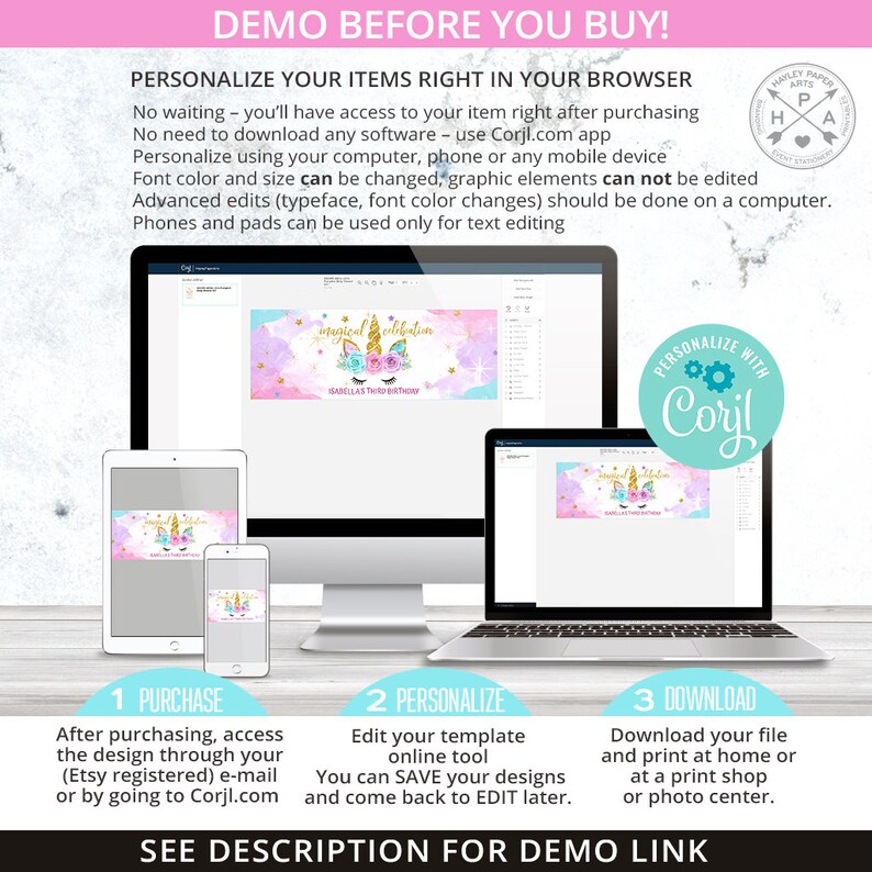 May include: A digital mockup showing how to personalize a unicorn-themed birthday banner using the Corjl.com app. The banner features a pink, blue, and gold color scheme with a unicorn illustration and the text "magical celebration" and "Isabella's Third Birthday".