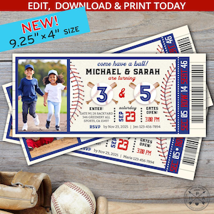 Baseball ticket invitation siblings any age birthday navy blue red boy girl party rookies of year ball games. Editable template. 191HPA 44 L