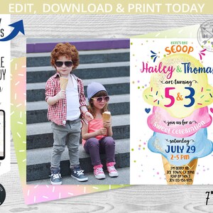 Ice cream birthday here's the scoop invitation joint siblings boy girl sister brother party icecream invitations Editable template 118HPA 04 image 1