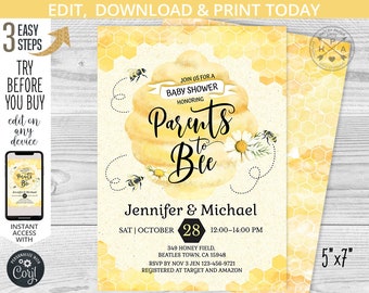 Bee baby shower parents to bee party invitation little chamomile honey bumble beehive honeycomb watercolor. EDITABLE template. 049HPA 05