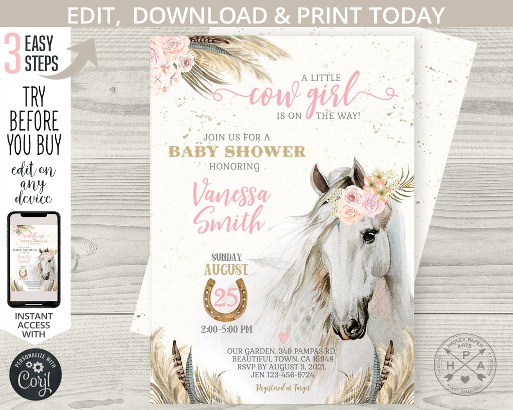 Horse baby shower invitation baby cowgirl party pampas dried grass roses white horse pony farm ranch. Editable printable. 178HPA 02