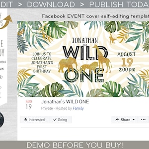 Jungle Wild One Facebook Event Cover, Social Media Party Banner, Gold Safari Tiere Geburtstagseinladung. Sofortiger Download. F040 01 040HPA
