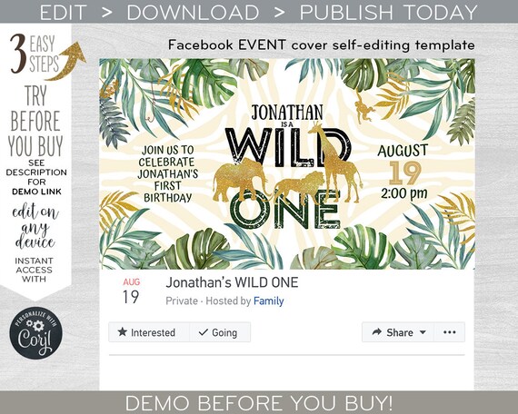 Jungle wild one facebook event cover, social media party banner, gold safari animals birthday invitation. Instant download. F040 01 040HPA Il_570xn