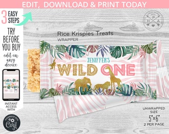 Etiqueta de envoltorio de golosinas krispies de arroz Jungle wild one, etiqueta de envoltorio de animales de safari, favores del primer cumpleaños, golosina crujiente krispy. Editable imprimible 041HPA 37 A