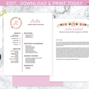 EDITABLE Paquete de reclutamiento de hermandad. Paquete MINI. Plantilla de carta de presentación de currículum. Flores de acuarela. Descarga instantánea. Editado por ti. SOR021
