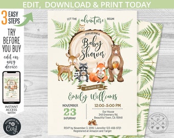 May include: A woodland-themed baby shower invitation with a woodgrain background and green ferns. The invitation features a circle with the text "Join us for a Baby Shower" and a group of woodland animals including a deer, raccoon, fox, and bear. The invitation also includes the name "Emily Williams", the date "November 23", and the time "12:00-5:00 PM".