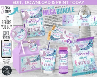 Mermaid birthday party printables, mermaid party pack, chips bags, juice, rice wrappers, bottle labels. Editable printables. 060HPA 65