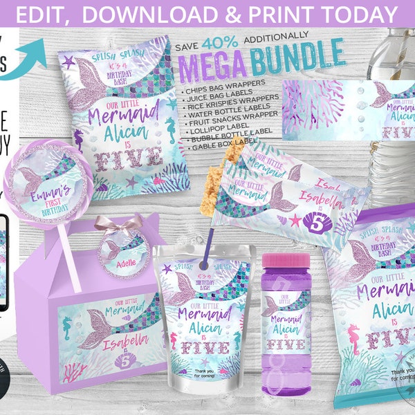 Mermaid birthday party printables, mermaid party pack, chips bags, juice, rice wrappers, bottle labels. Editable printables. 060HPA 65